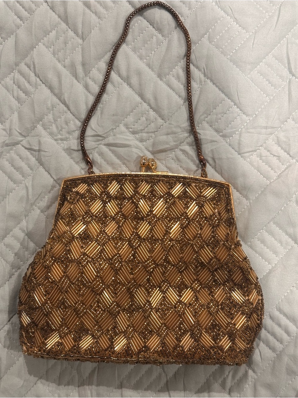Vintage Handmade Hong Kong Beaded Evening Bag Gold Bronze Clutch Purse Chain